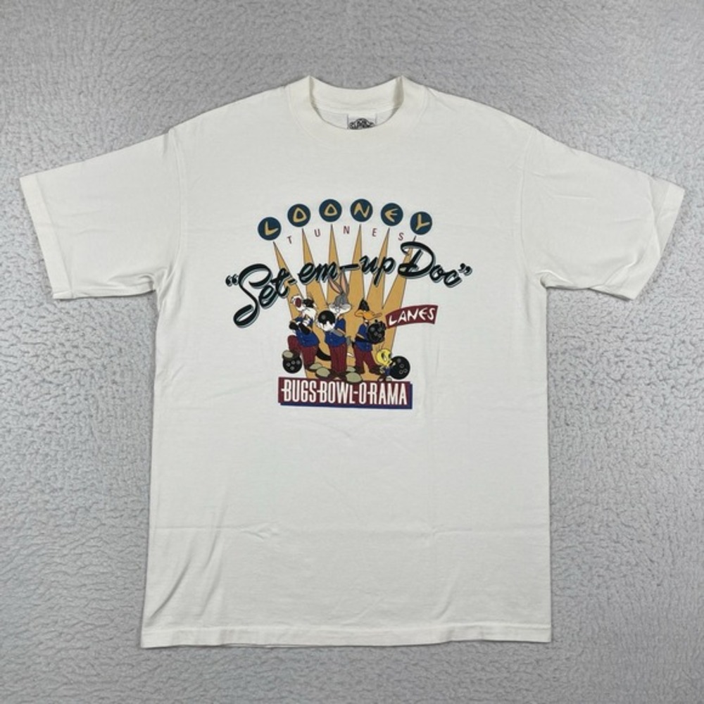 Acme Clothing Co Looney Tunes T Shirt‎ Mens Large White 1991 Bowling Vintage 90s